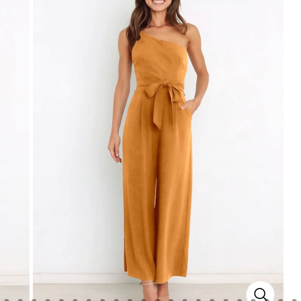 ANRABESS ONE SHOULDER TIE WAIST BACKLESS WIDE LEG JUMPSUIT ROMPERS POCKETS
